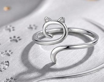 Cat Wrap Ring, Adjustable Kitty Animal Band, Whimsical Minimalist Ring for Cat Lovers