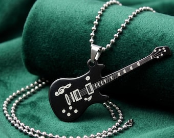 Black Electric Guitar Necklace, Minimalist Music Pendant
