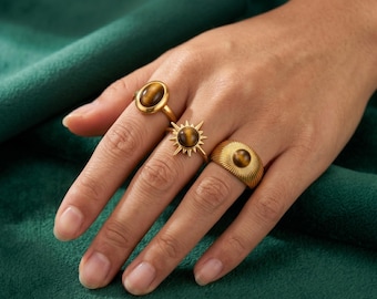 Tiger Eye Sun Ring – Gold-Tone Boho Statement Ring, Adjustable Stone Band