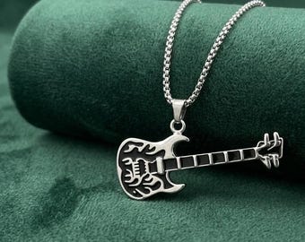 Electric Guitar Necklace, Rocker Music Pendant, Gothic Flame Instrument Jewelry