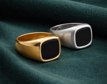 Anillo de sello con piedra negra / Anillo minimalista de oro y plata / Anillo moderno para hombre