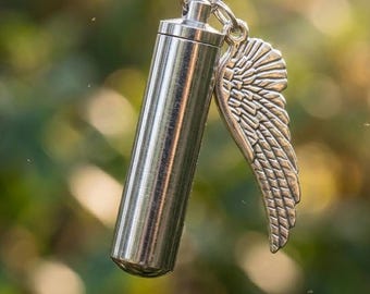 Angel Wing Urn Necklace, Cylinder Cremation Pendant for Ashes