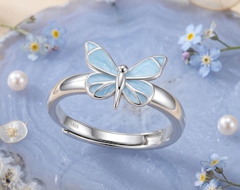 Blue Butterfly Ring, Adjustable Enamel Statement Band