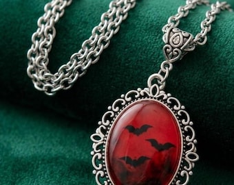 Gothic Bat Necklace, Red Cameo Pendant, Vampire Halloween Jewelry