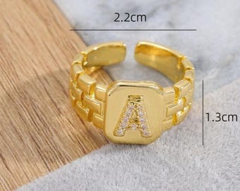 Initial Ring A-Z, Adjustable Crystal Letter Signet Ring, Chunky Custom Name Monogram Band,