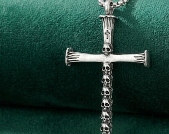 Gothic Cross Necklace for Men, Snake Dagger Pendant, Skull Nail Crucifix Charm