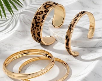 Gold Cuff Bangle Set, Leopard Print Bracelet, Minimalist Stacking Wristband