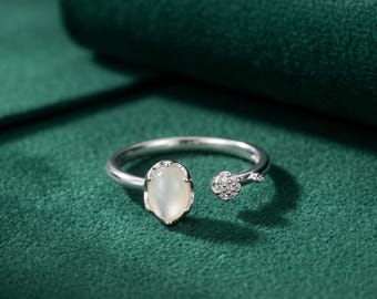 Elegant Open Wrap Ring, Dainty Oval Stone Ring, Beaded Layered Ban