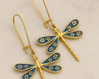 Blue Dragonfly Dangle Earrings: Gold Stainless Steel Boho Jewelry