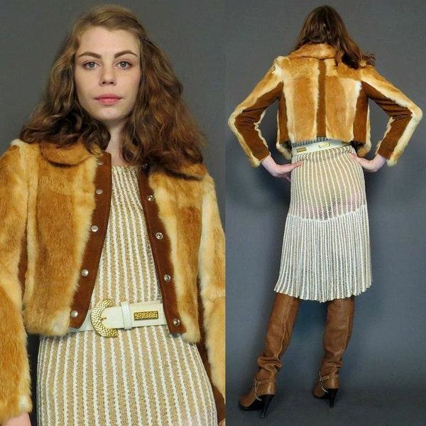 vintage 70s brown ombre rabbit fur and suede mini coat // boho cropped jacket // hippie