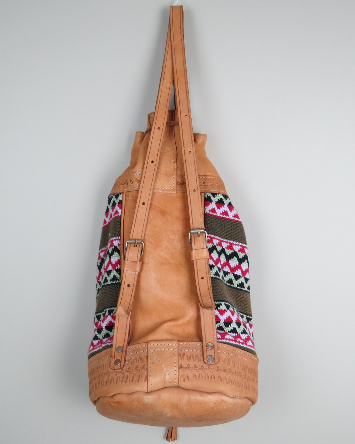 Mexican Tan Leather Woven Kilim Backpack / Ethnic / Ikat 