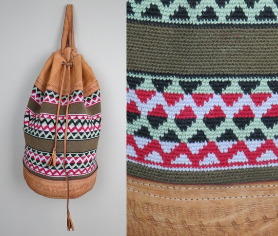 Mexican Tan Leather Woven Kilim Backpack / Ethnic / Ikat 