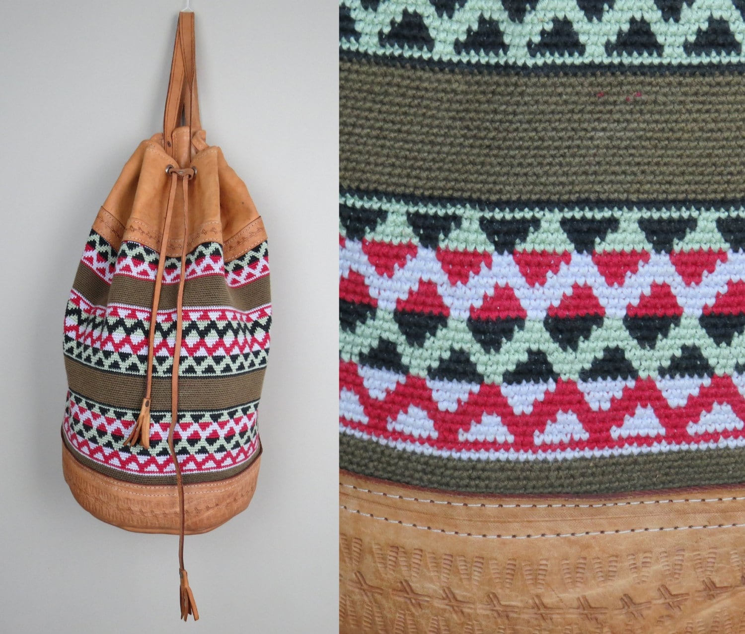 Mexican Tan Leather Woven Kilim Backpack / Ethnic / Ikat 