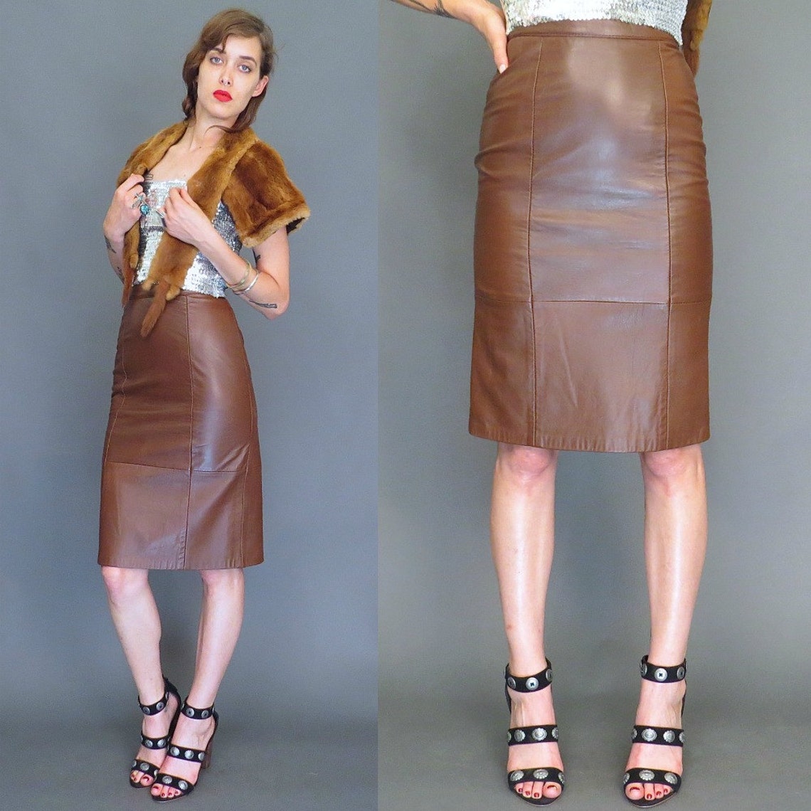 vintage 80s brown leather high waisted pensile skirt // boho Etsy