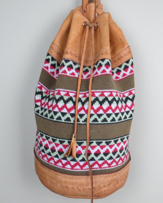 Kilim Southwest Small Backpack Oaxaca Mexican Tan Leather Woven Kilim Backpack / Ethnic / Ikat  main image 3