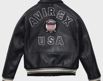 Jaqueta Bomber de Couro Avirex USA, Patch All-Americans, Jaqueta de Motociclista Preta, Jaqueta Estilo Motoqueiro Streetwear