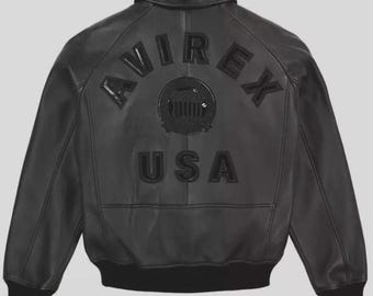 Jaqueta Bomber de Couro Avirex USA, Patch All-Americans, Jaqueta de Motociclista Preta, Jaqueta Estilo Motoqueiro Streetwear
