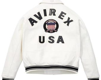 Jaqueta bomber de couro Avirex USA, patch All-Americans, jaqueta de motociclista branca, agasalho estilo streetwear moto.