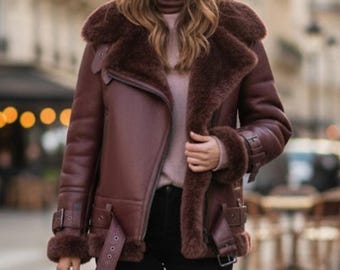 handmade shearling brown women's sheepskin aviator jacket genuine leather faux fur collar
