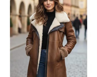 handmade shearling vintage brown women's sheepskin aviator jacket genuine leather faux fur collar