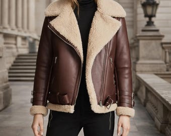 handmade shearling brown women's sheepskin aviator jacket genuine leather faux fur collar