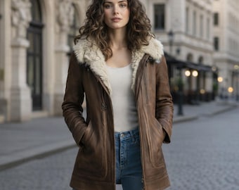 handmade shearling vintage brown women's sheepskin aviator jacket genuine leather faux fur collar