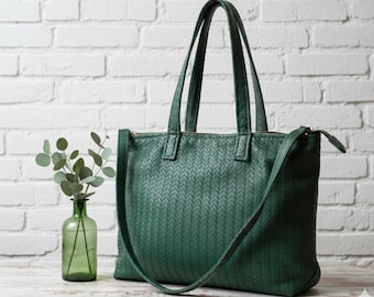 Women’s Green Woven Leather Tote Bag | Handmade Genuine Leather Handbag | Large Shoulder Bag for Work Office | Stylish Everyday Purse