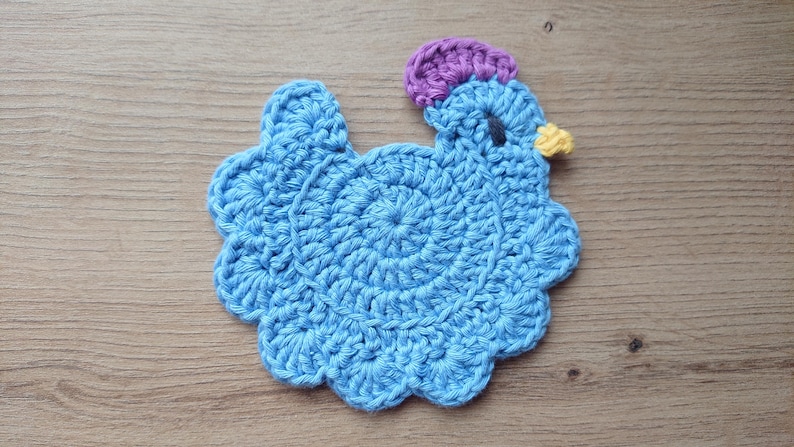 Stardew Valley crochet chicken coaster, Handmade drink placemat Blue Chicken
