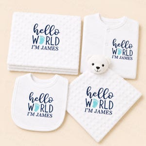 Hello World - Sleepsuit Onesie Blanket Bib Comforter Hospital Sets Coming Home Set Baby Boy's Personalised Embroidered Birth Announcement