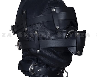 Premium Black Leather Sensory Hood - Adjustable Lace-Up Bondage Mask with Removable Blinders & Mouth Strap - Handmade Fetish Head Harness