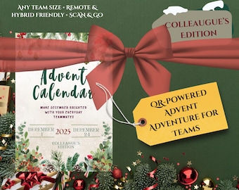 Calendario de Adviento para compañeros: digital con códigos QR y actividades para oficinas pequeñas, completas, híbridas y remotas.