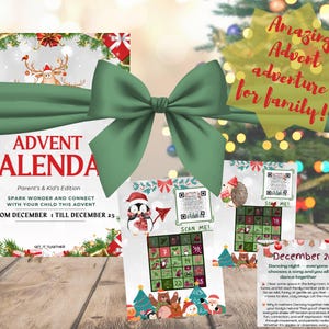 May include: A Christmas-themed Advent calendar with a green bow. The calendar includes a parent and kid's edition, with the text "Advent Calendar" and "From December 1 till December 25." Additional cards feature festive illustrations and QR codes.