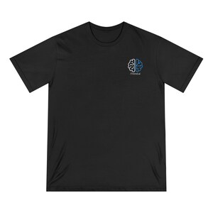 May include: Black t-shirt with a small, two-toned blue and white brain graphic on the upper left chest. The text "ITmind.ai" is below the brain graphic. The shirt has short sleeves and a crew neck.