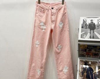 Light Pink Denim Jeans with White Cross Patches | Custom Patchwork Streetwear