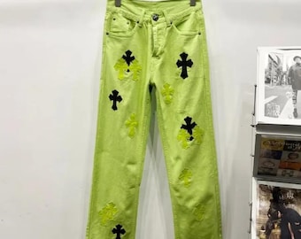 Slime Green & Black Cross Patch Jeans | Custom Levi’s Style Streetwear Denim
