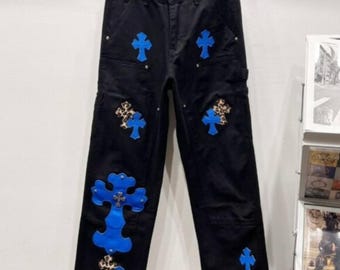 Black Carpenter Patchwork Pants | Blue, White & Leopard Cross Patch Denim