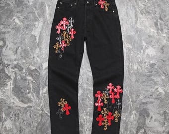 Schwarze Patchwork Jeans | Rot, Schwarz & Leopard Cross Patch Denim
