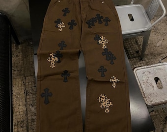 Pantalones chinos marrones con parches de guepardo / Pantalones de patchwork de estilo urbano