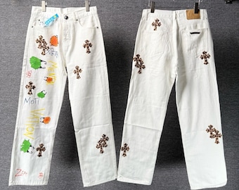 White Leopard Cross Patch Jeans | Custom Streetwear Denim
