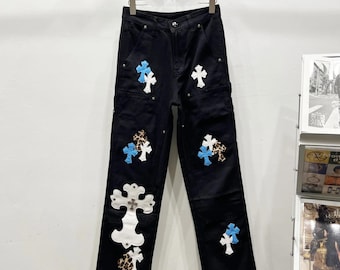 Black Carpenter Patchwork Pants | Blue, White & Leopard Cross Patch Denim