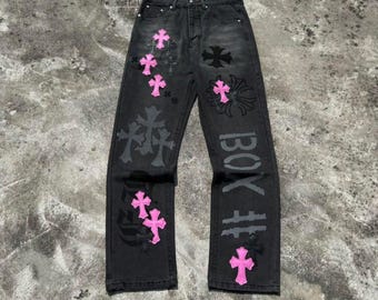 Pink & Black Cross Patch Jeans | Graphic Patchwork Denim