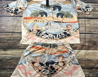 Mehrfarbiges Seidenhemd & Shorts Set | Luxus Sommer Zweiteiler Outfit
