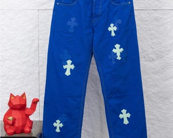Vintage Blue Cross Patch Jeans | Light Blue & White Accent Denim