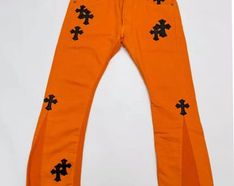 Orange Cross Patch Denim Jeans | Designer-Inspired Streetwear Pants