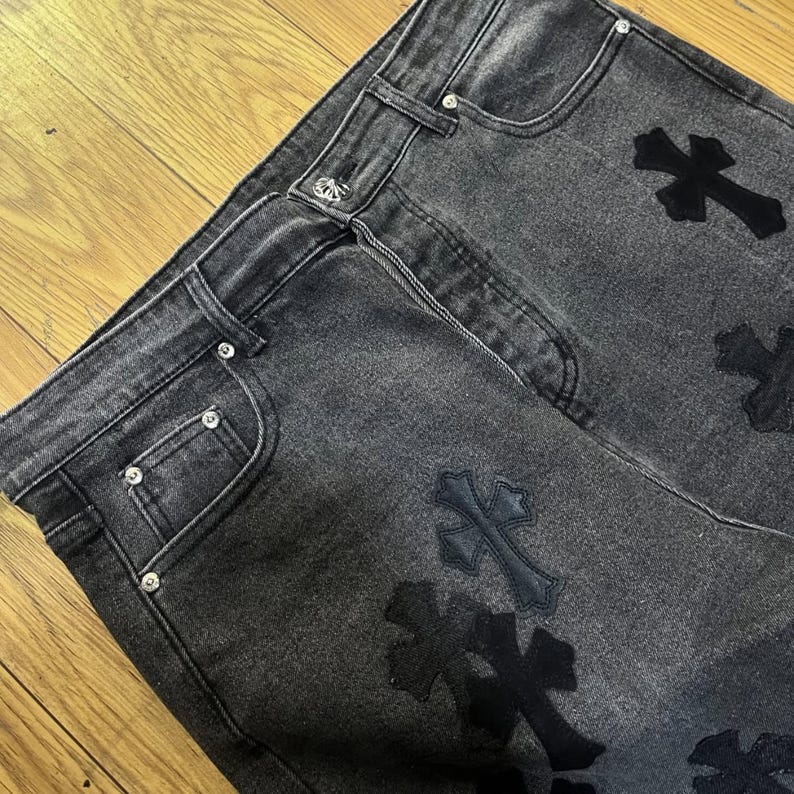 Black Denim Jeans | Leather Cross Patch Jeans With Silver Hardware