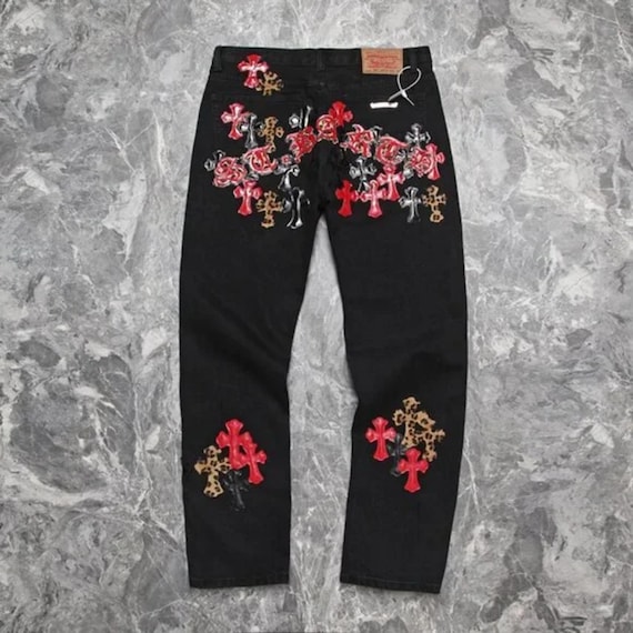 Black Patchwork Jeans | Red, Black & Leopard Cross Patch Denim - Etsy