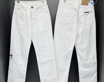 White Cross Patch Denim Jeans | Embellished Streetwear Pants