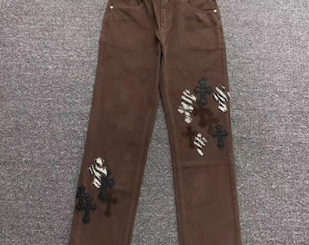 Brown Style Patchwork Jeans | Zebra & Black Cross Patch Denim