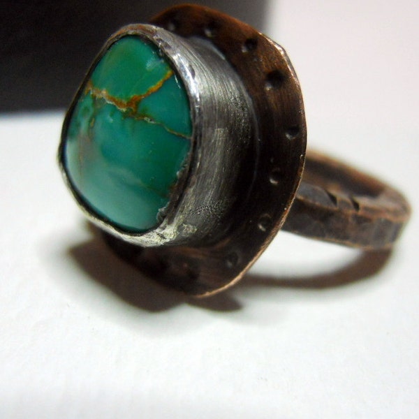 Rustic Mixed Metalwork Sterling Silver/Copper Southwestern Royston Mine Turquoise Ring