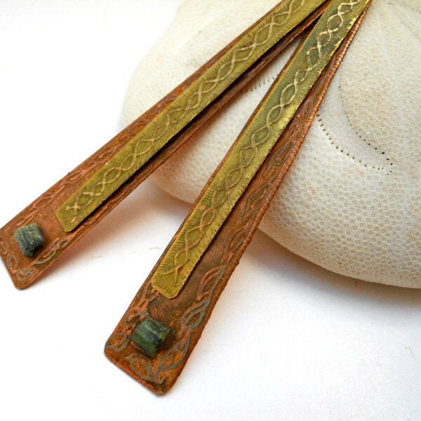 Artisan Handcrafted Etched Copper/Brass Celtic Earrings with Green Tourmaline Spheres